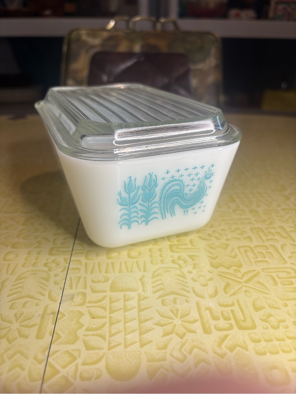 Pyrex White Glass Butter Dish with Teal Rooster Motif